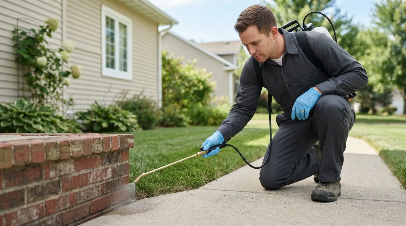 Pest control technician treating a home near Geneva, OH