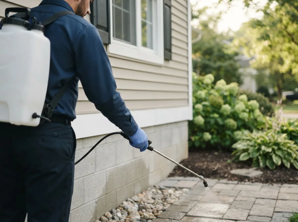 Pest control technician inspecting a home in Geneva, OH